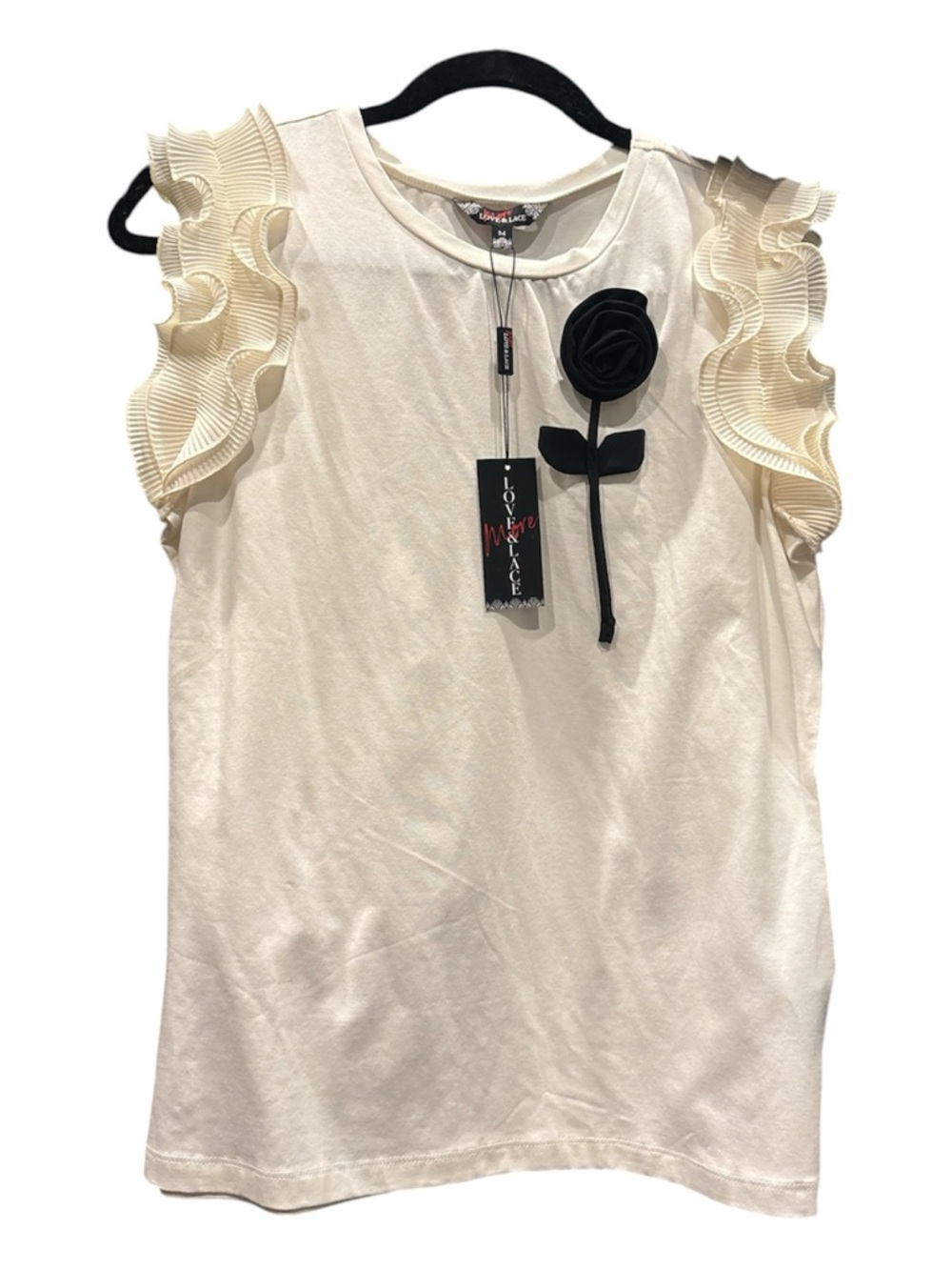 Cream‎ Ruffle Sleeve Tank Top with Black Rose Accent